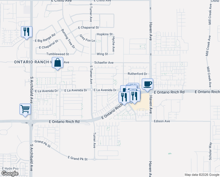 map of restaurants, bars, coffee shops, grocery stores, and more near 3231 East La Avenida Drive in Ontario