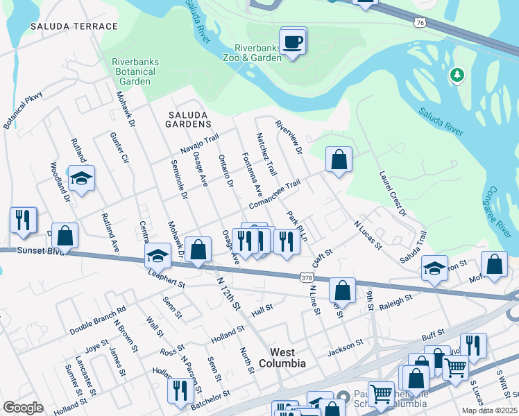 map of restaurants, bars, coffee shops, grocery stores, and more near 809 Fontanna Avenue in West Columbia