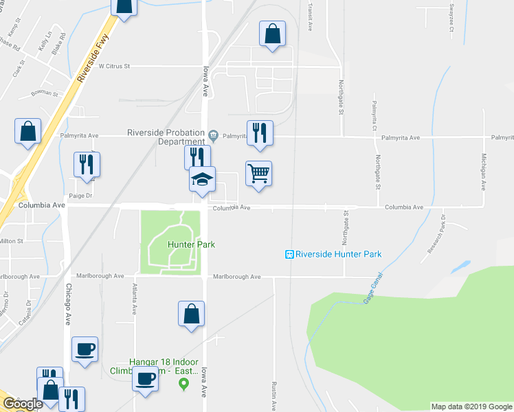 map of restaurants, bars, coffee shops, grocery stores, and more near 1200 Columbia Avenue in Riverside