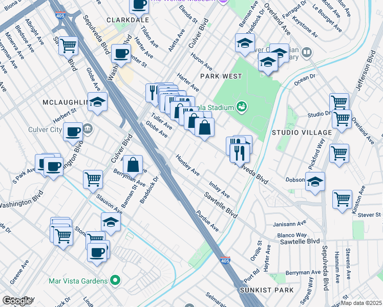 map of restaurants, bars, coffee shops, grocery stores, and more near 11265 Franklin Avenue in Culver City