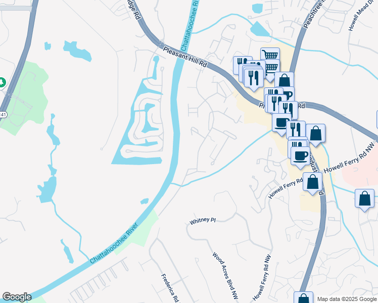 map of restaurants, bars, coffee shops, grocery stores, and more near 3977 Sweet Bottom Drive in Duluth