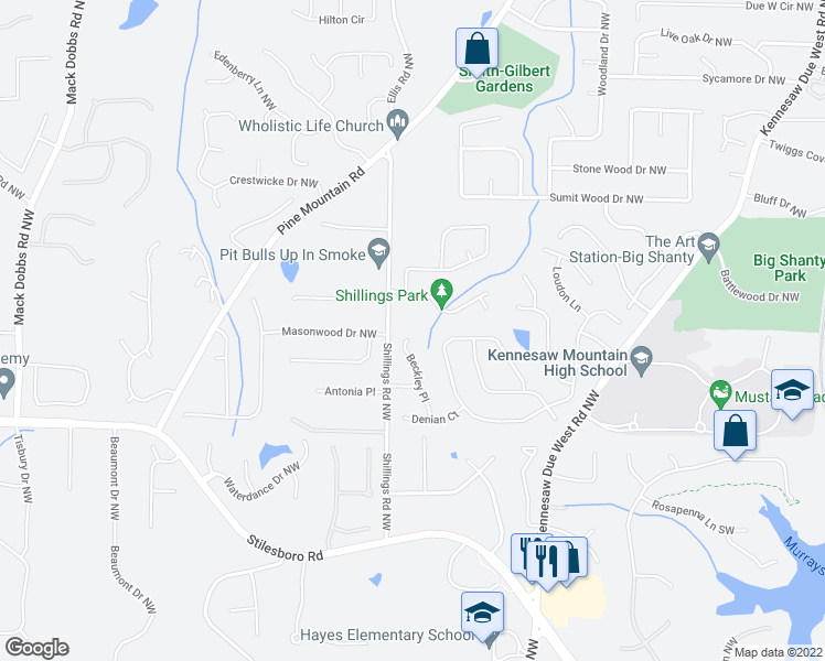 map of restaurants, bars, coffee shops, grocery stores, and more near 1822 Beckley Place in Kennesaw