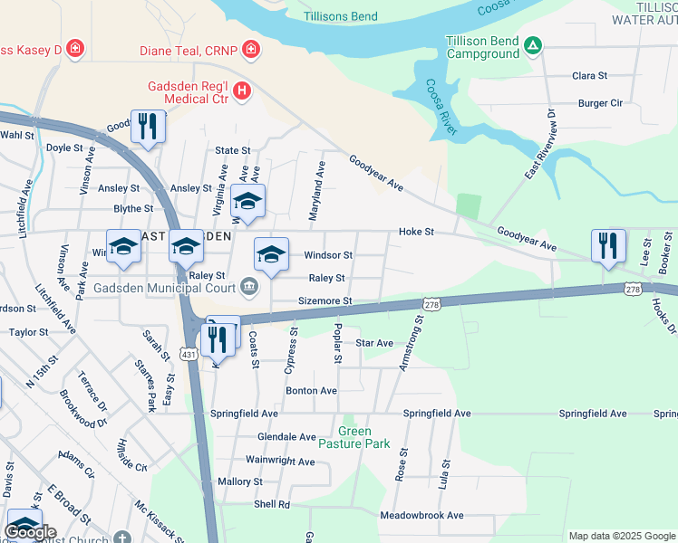 map of restaurants, bars, coffee shops, grocery stores, and more near 1215 Raley Street in Gadsden