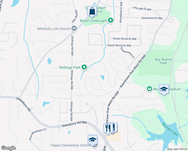 map of restaurants, bars, coffee shops, grocery stores, and more near 1995 Westover Lane in Kennesaw