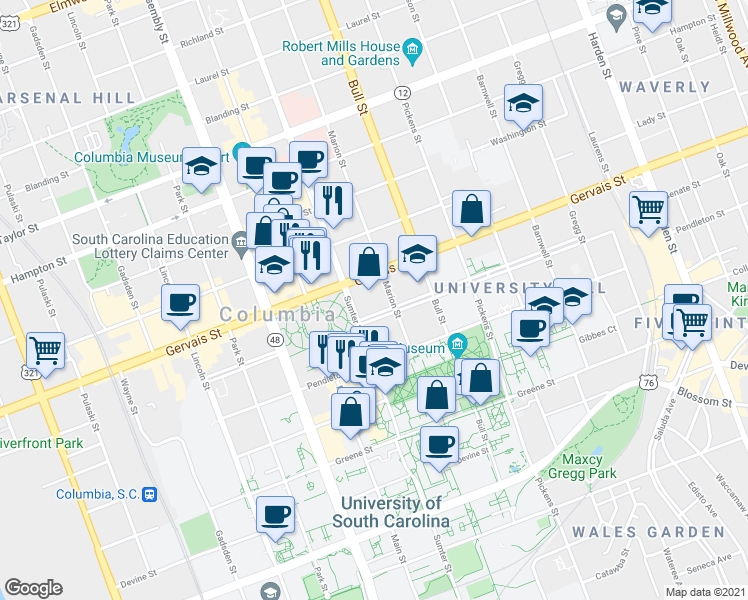 map of restaurants, bars, coffee shops, grocery stores, and more near 1100 Sumter Street in Columbia