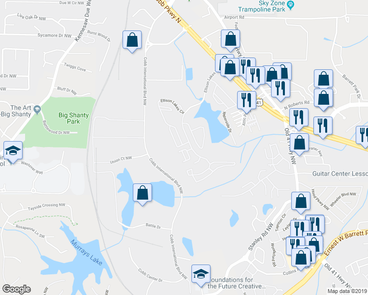 map of restaurants, bars, coffee shops, grocery stores, and more near 2100 Del Lago Circle in Kennesaw