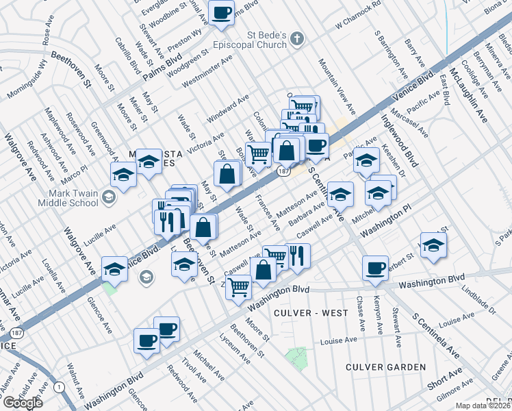 map of restaurants, bars, coffee shops, grocery stores, and more near 12611 Pacific Avenue in Los Angeles