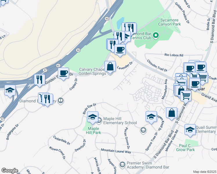 map of restaurants, bars, coffee shops, grocery stores, and more near 933 Terrace Lane West in Diamond Bar