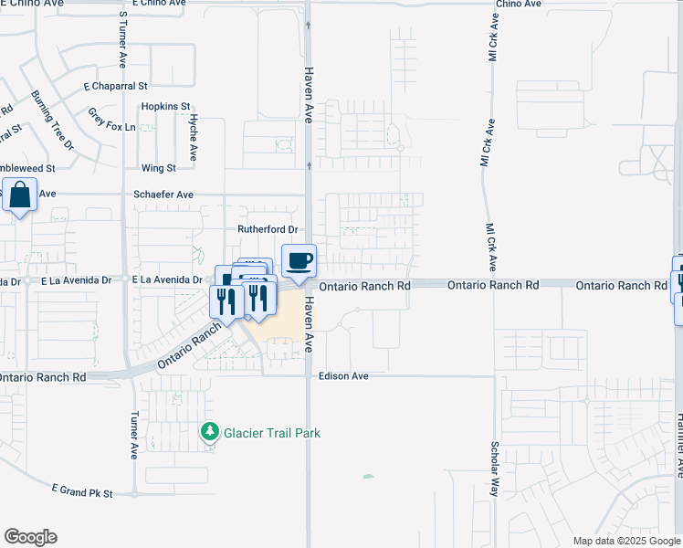 map of restaurants, bars, coffee shops, grocery stores, and more near 13661-14099 Haven Avenue in Ontario