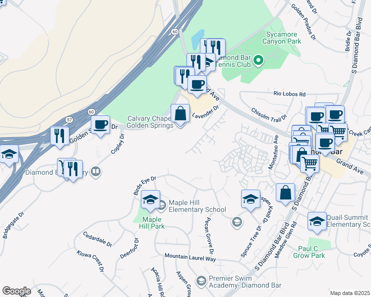 map of restaurants, bars, coffee shops, grocery stores, and more near 933 Terrace Lane West in Diamond Bar