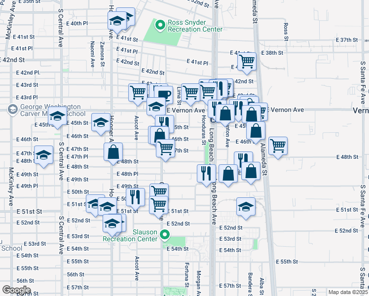 map of restaurants, bars, coffee shops, grocery stores, and more near 1557 East 48th Street in Los Angeles
