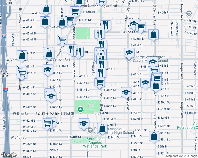 map of restaurants, bars, coffee shops, grocery stores, and more near 512 East 47th Street in Los Angeles