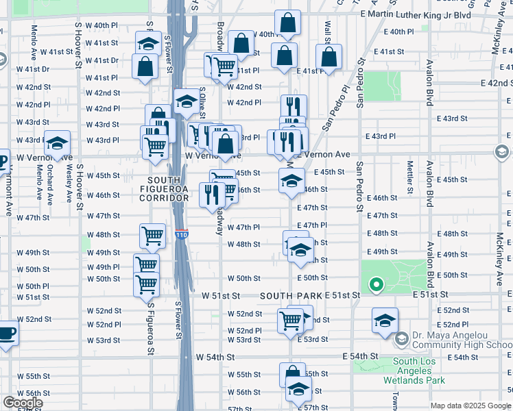 map of restaurants, bars, coffee shops, grocery stores, and more near 206 West 47th Street in Los Angeles