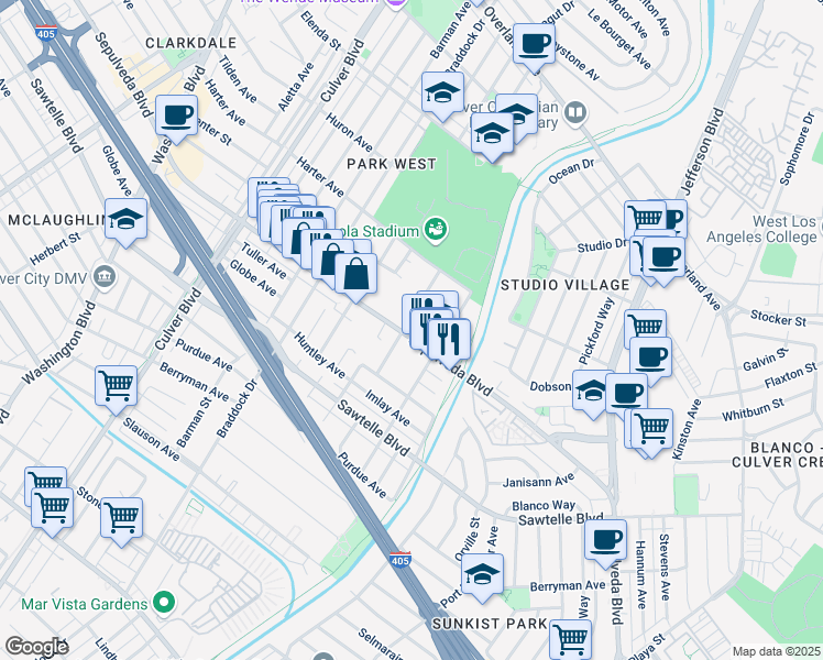 map of restaurants, bars, coffee shops, grocery stores, and more near 11222 Greenlawn Avenue in Culver City
