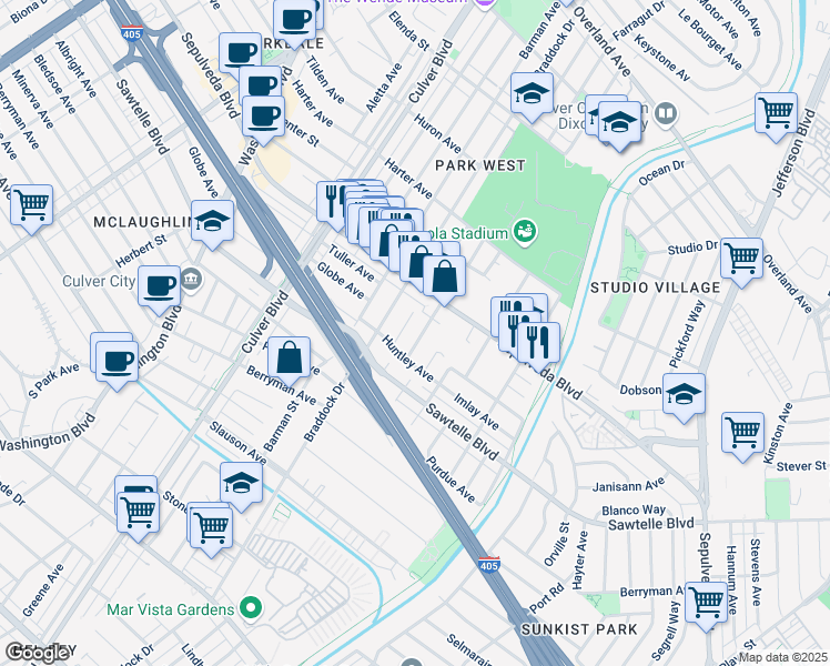 map of restaurants, bars, coffee shops, grocery stores, and more near 11265 Franklin Avenue in Culver City