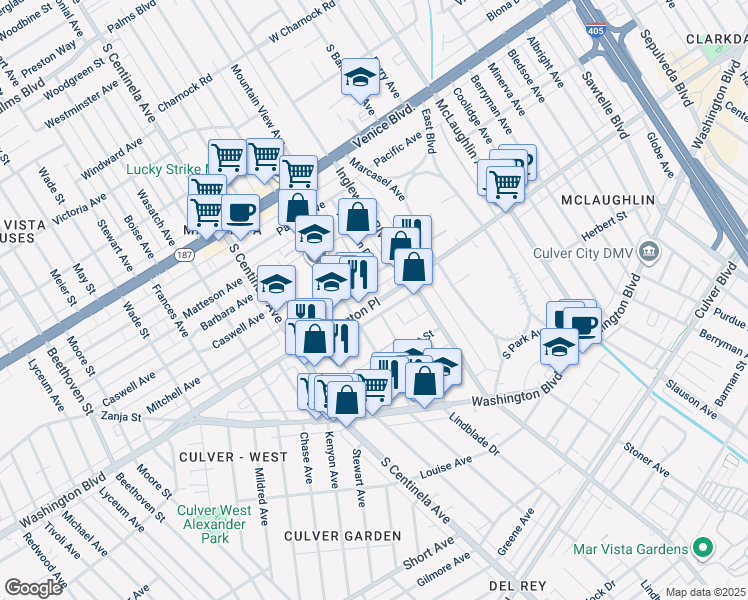 map of restaurants, bars, coffee shops, grocery stores, and more near 12072 Lamanda Street in Los Angeles