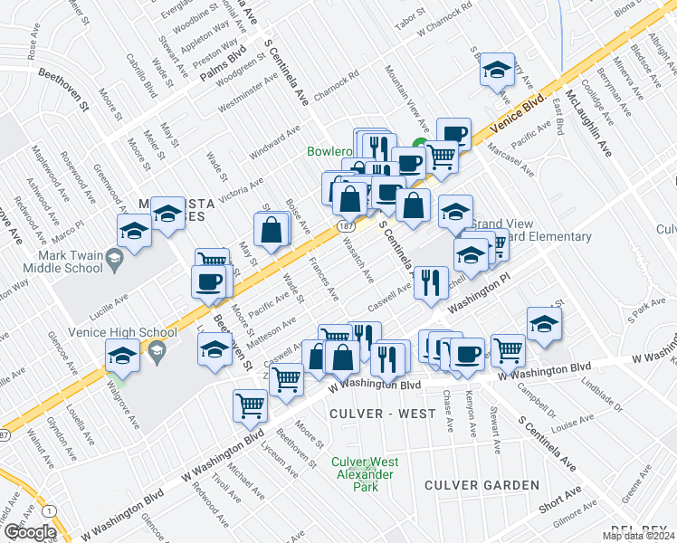 map of restaurants, bars, coffee shops, grocery stores, and more near 12547 Matteson Avenue in Los Angeles