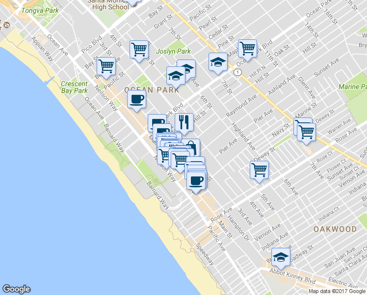 map of restaurants, bars, coffee shops, grocery stores, and more near 2823 2nd Street in Santa Monica