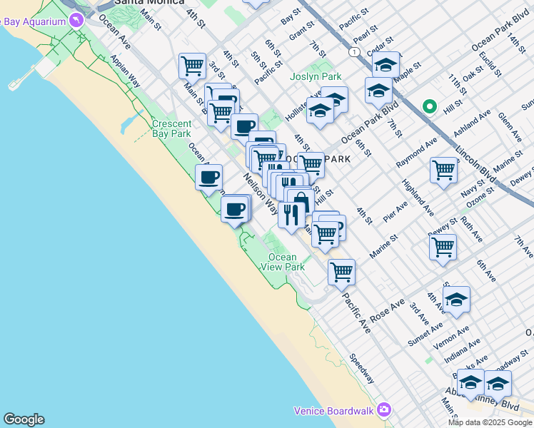 map of restaurants, bars, coffee shops, grocery stores, and more near 10 Ocean Park Boulevard in Santa Monica