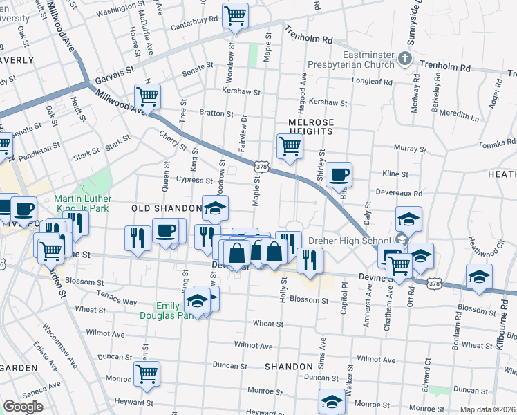 map of restaurants, bars, coffee shops, grocery stores, and more near 826 Maple Street in Columbia