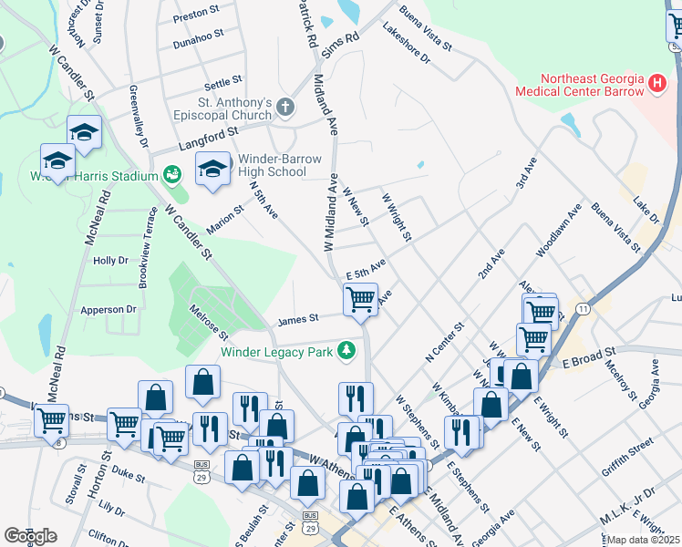 map of restaurants, bars, coffee shops, grocery stores, and more near 202 East 5th Avenue in Winder