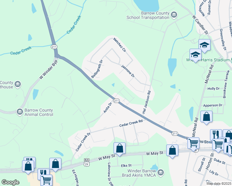 map of restaurants, bars, coffee shops, grocery stores, and more near 62 Cannondale Drive in Winder