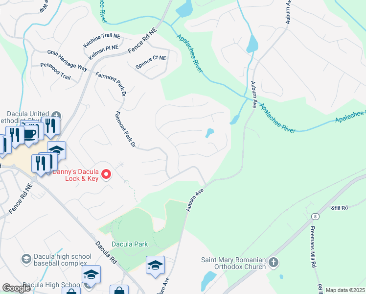 map of restaurants, bars, coffee shops, grocery stores, and more near 2721 Maeve Court Northeast in Dacula