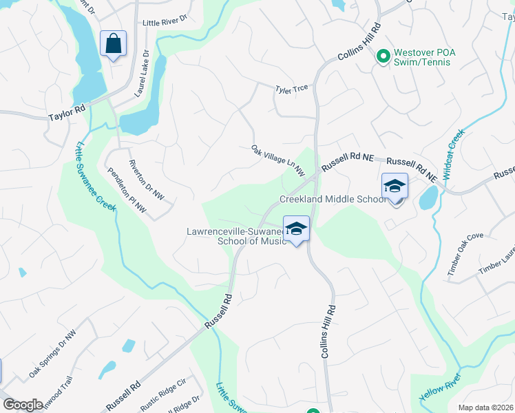 map of restaurants, bars, coffee shops, grocery stores, and more near 101 Russell Road in Lawrenceville