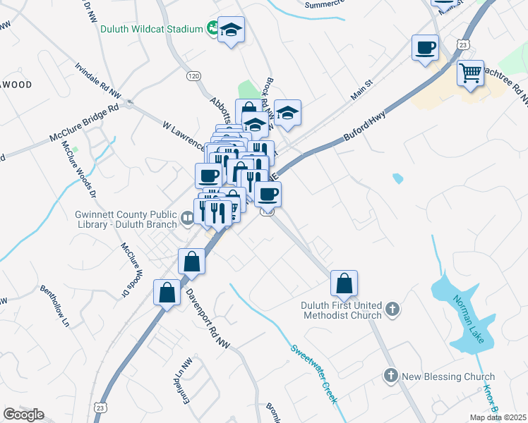 map of restaurants, bars, coffee shops, grocery stores, and more near 3431 Duluth Highway 120 in Duluth