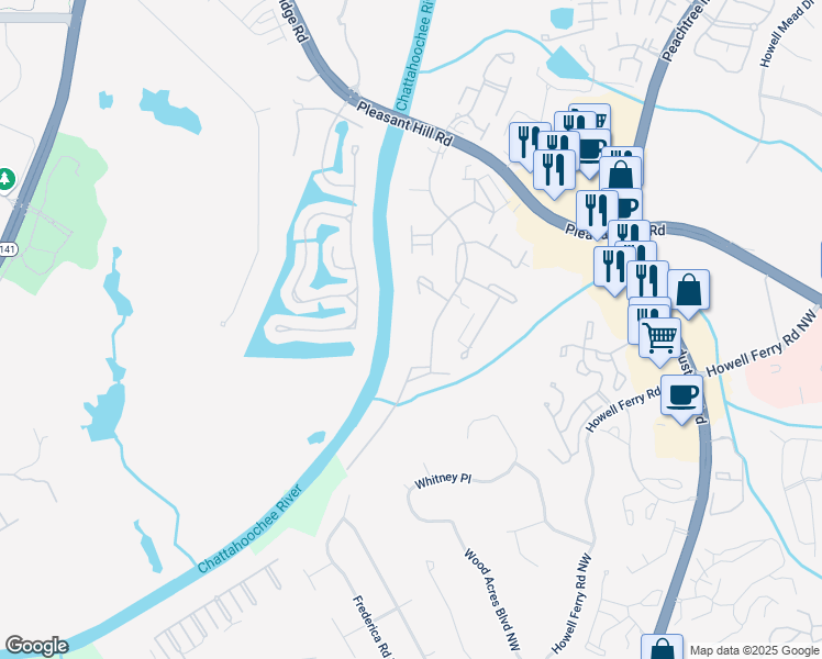 map of restaurants, bars, coffee shops, grocery stores, and more near 3977 Sweet Bottom Drive in Duluth