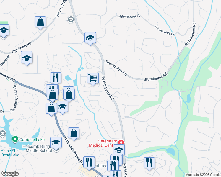 map of restaurants, bars, coffee shops, grocery stores, and more near 53 Nesbit Place in Alpharetta