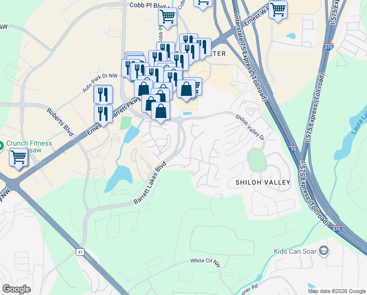 map of restaurants, bars, coffee shops, grocery stores, and more near 1950 Barrett Lakes Boulevard Northwest in Kennesaw