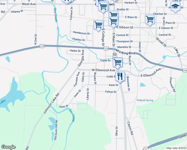 map of restaurants, bars, coffee shops, grocery stores, and more near 1116 Brooks Street in Cedartown