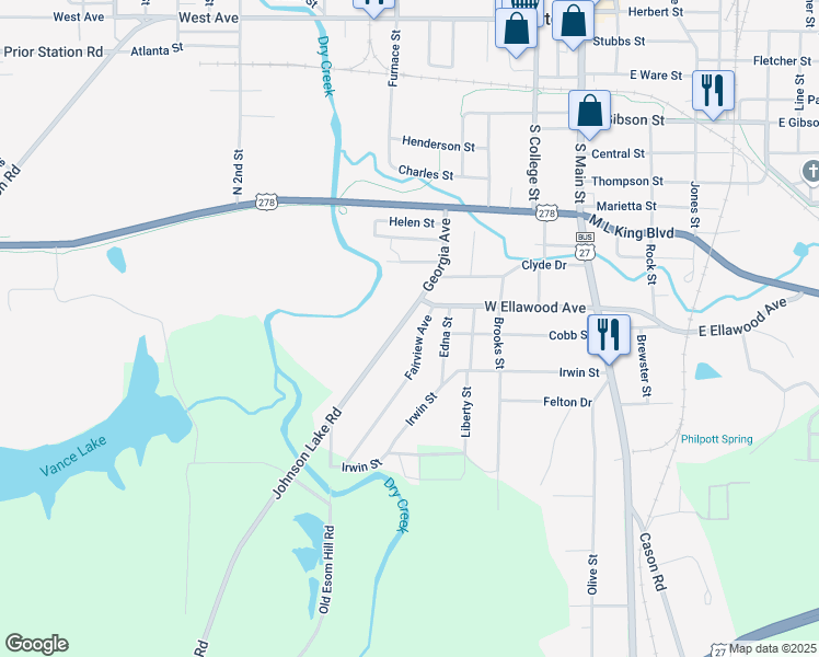 map of restaurants, bars, coffee shops, grocery stores, and more near 793 Georgia Avenue in Cedartown