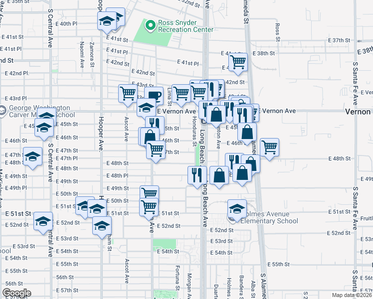 map of restaurants, bars, coffee shops, grocery stores, and more near 1633 East 47th Street in Los Angeles