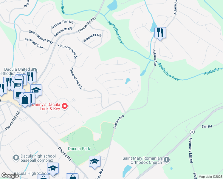 map of restaurants, bars, coffee shops, grocery stores, and more near 2721 Maeve Court Northeast in Dacula
