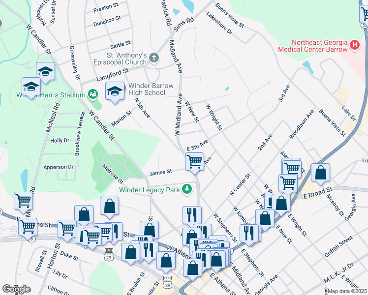 map of restaurants, bars, coffee shops, grocery stores, and more near 202 East 5th Avenue in Winder