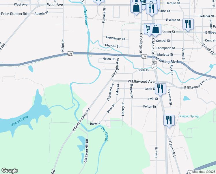 map of restaurants, bars, coffee shops, grocery stores, and more near 793 Georgia Avenue in Cedartown