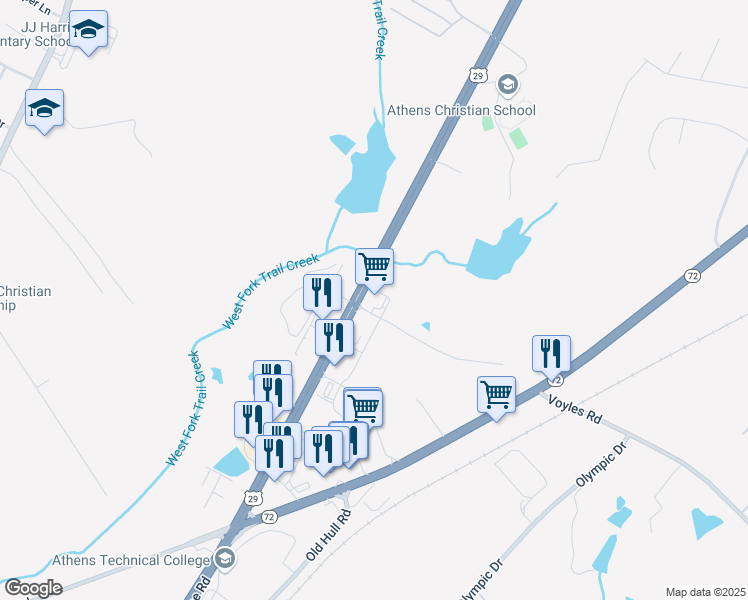map of restaurants, bars, coffee shops, grocery stores, and more near 1274 Highway 8 in Athens