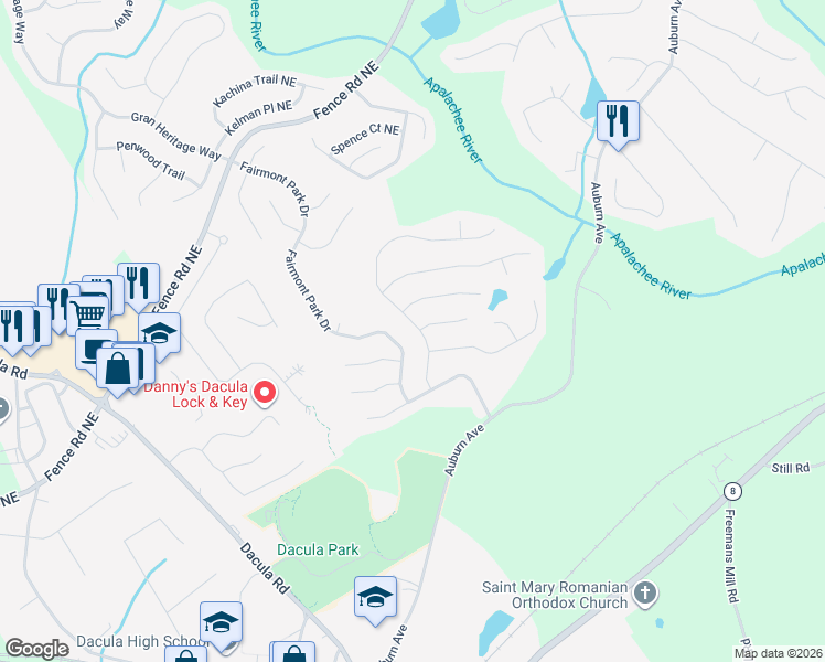 map of restaurants, bars, coffee shops, grocery stores, and more near 280 Ballyshnnon Drive in Dacula