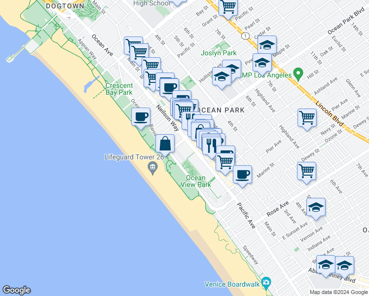 map of restaurants, bars, coffee shops, grocery stores, and more near 10 Ocean Park Boulevard in Santa Monica
