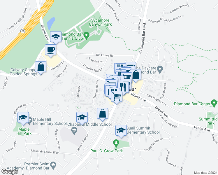 map of restaurants, bars, coffee shops, grocery stores, and more near 1111 Grand Avenue in Diamond Bar