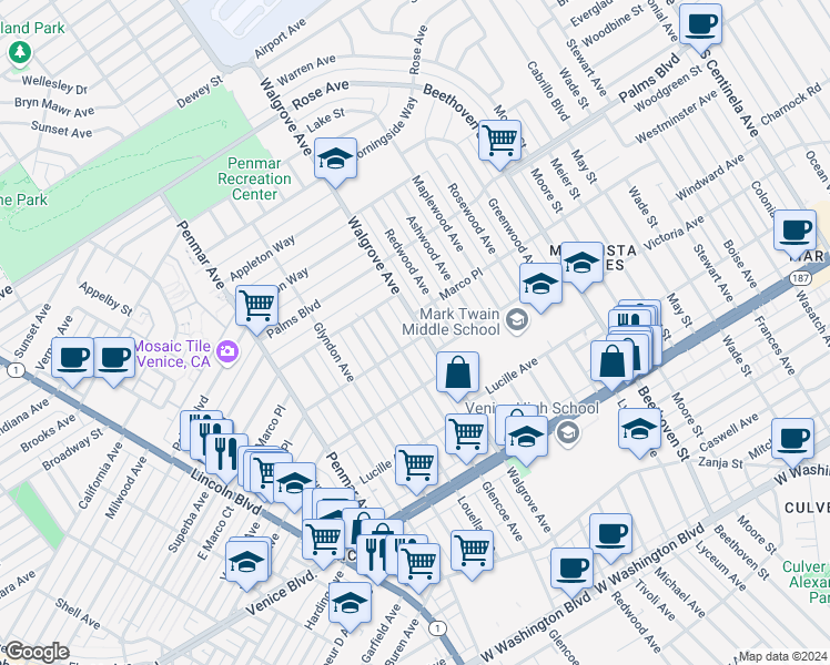 map of restaurants, bars, coffee shops, grocery stores, and more near 2047 Walgrove Avenue in Los Angeles