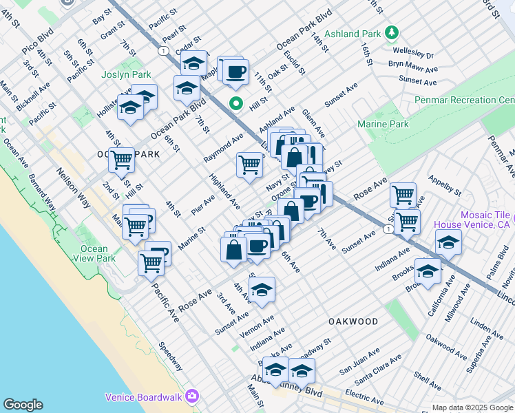 map of restaurants, bars, coffee shops, grocery stores, and more near 214 6th Avenue in Los Angeles