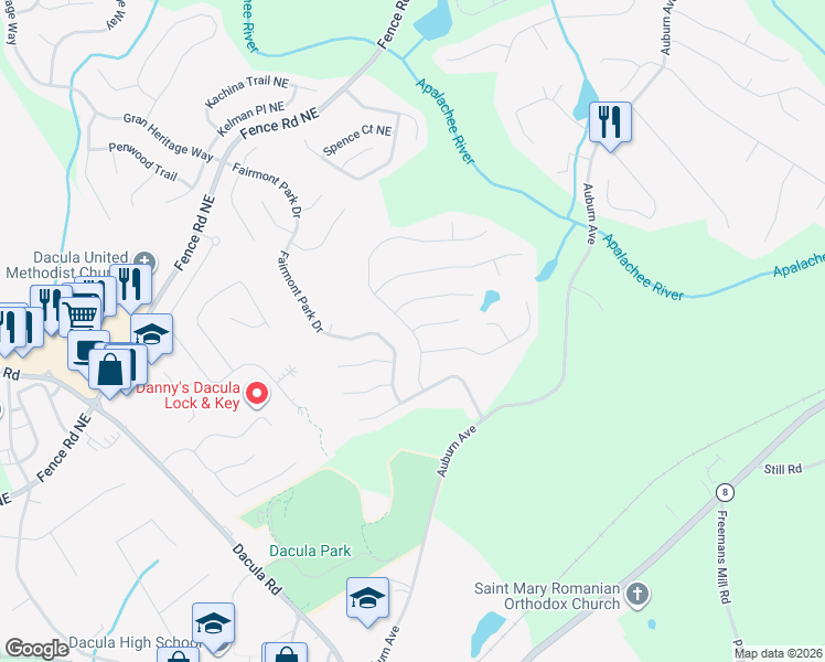 map of restaurants, bars, coffee shops, grocery stores, and more near Ballyshannon Drive in Dacula