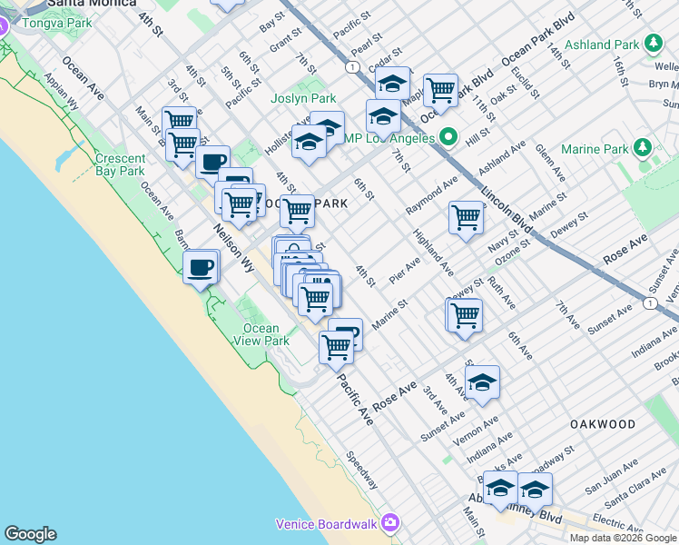 map of restaurants, bars, coffee shops, grocery stores, and more near 2811 3rd Street in Santa Monica