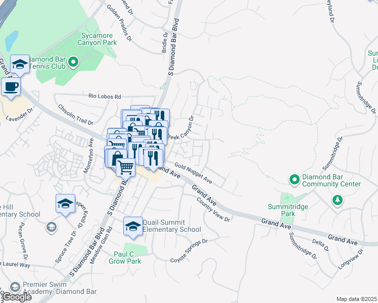 map of restaurants, bars, coffee shops, grocery stores, and more near 23579 Gold Nugget Avenue in Diamond Bar