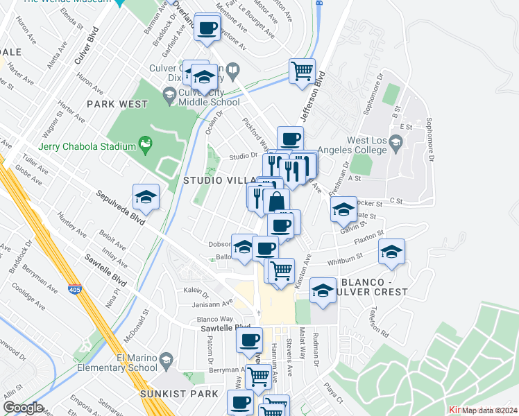 map of restaurants, bars, coffee shops, grocery stores, and more near 10837 Jefferson Boulevard in Culver City