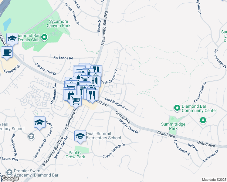map of restaurants, bars, coffee shops, grocery stores, and more near 23640 Monument Canyon Drive in Diamond Bar