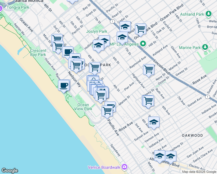 map of restaurants, bars, coffee shops, grocery stores, and more near 2823 2nd Street in Santa Monica
